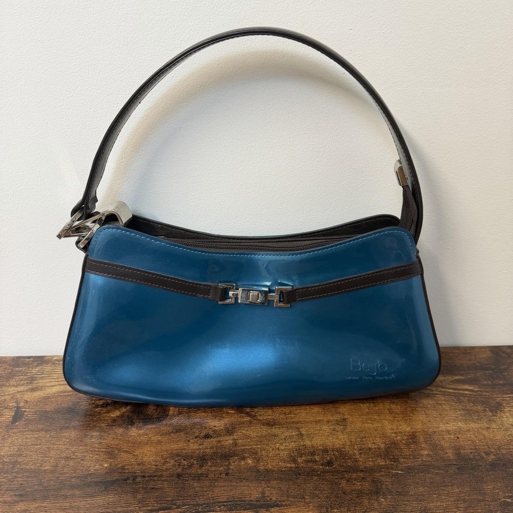 Beijo Blue Patent Shoulder Bag Purse Zip Closure Handbag 90s Y2K Style